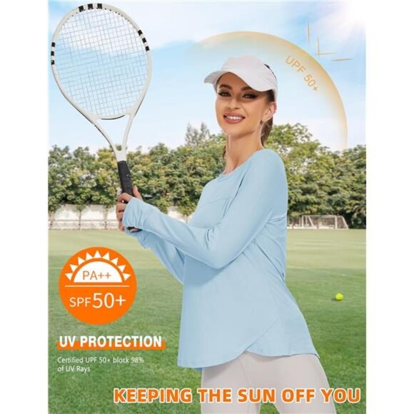 Workout Shirts Long Sleeve Running Tops with Watching Window UPF 50+ - Picture 2 of 6